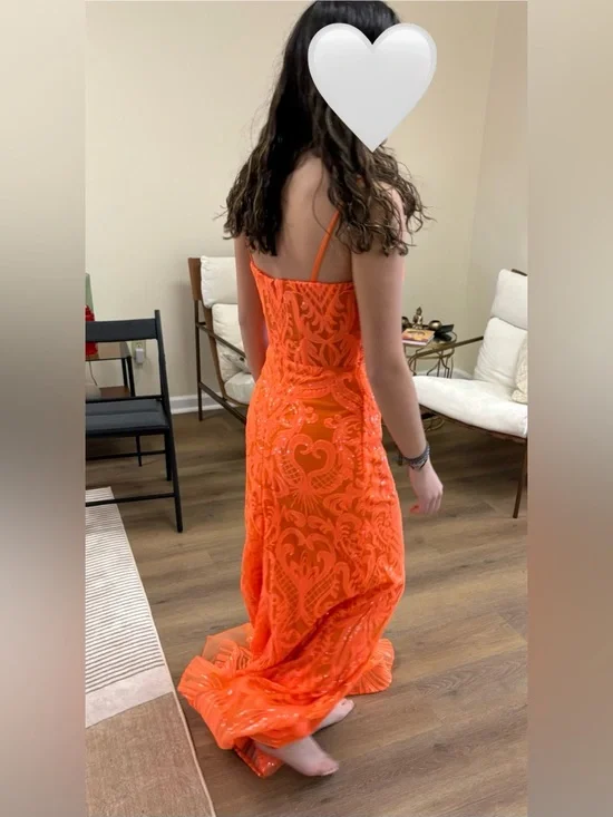 Orange beaded Lace Spaghetti Strap Prom Dress with Front Slit nwt size 6 - Picture 2 of 4
